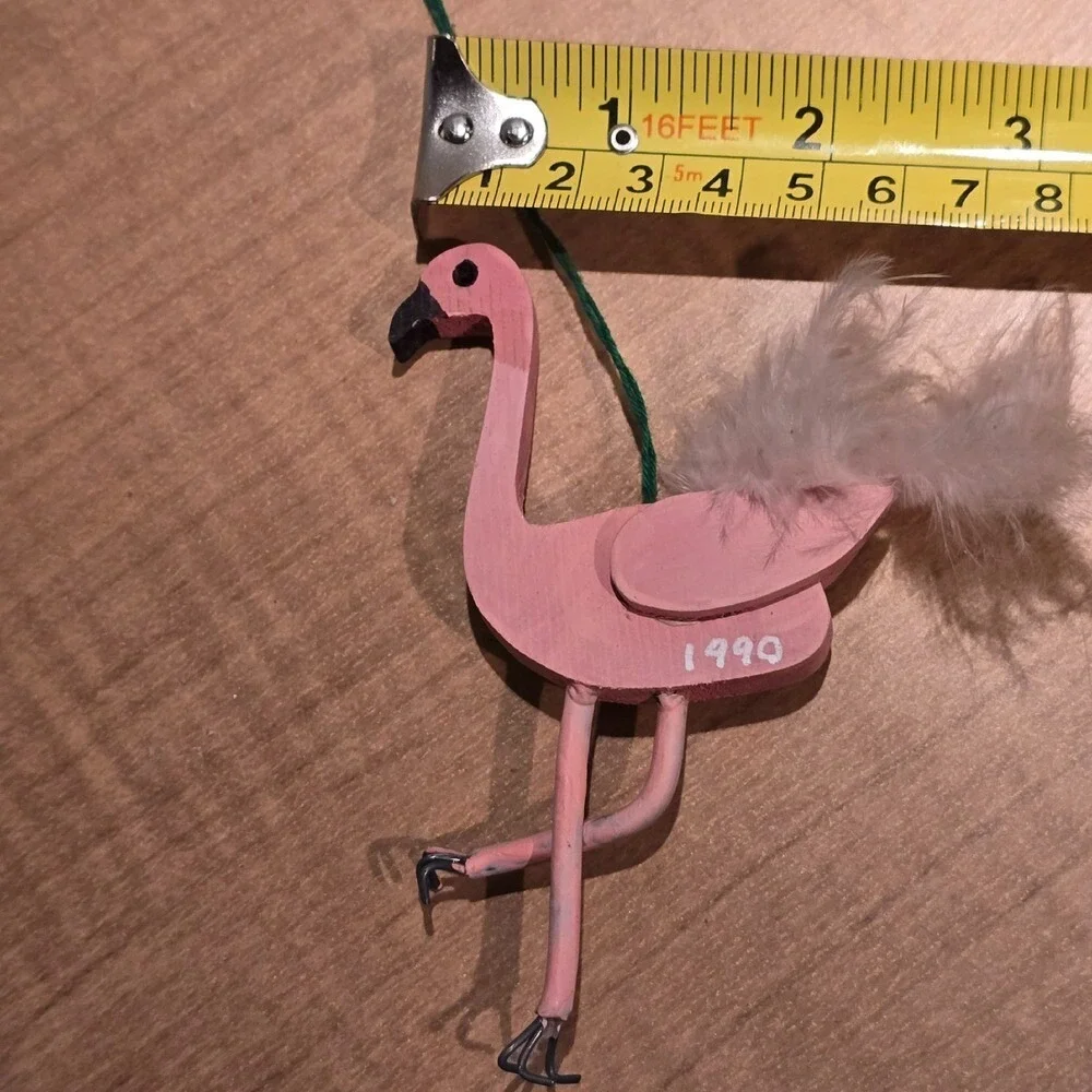 Wooden Flamingo Ornament Hanging Real Feather Pink Fork‎ Feet Handmade 1990